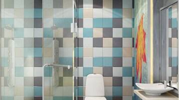 Shower, free toiletries, slippers, towels