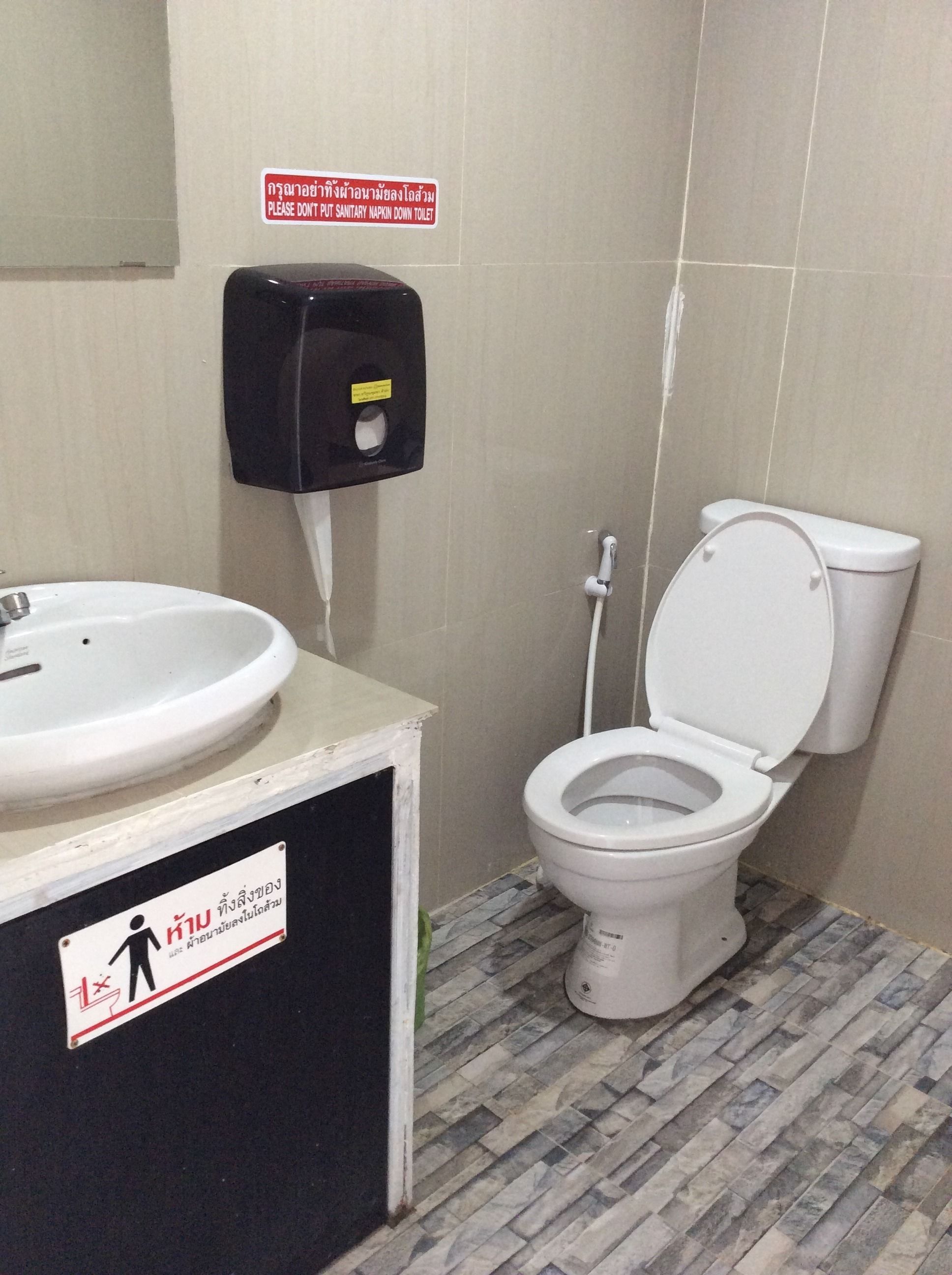Une salle de bain équipée de toilettes, d’un lavabo et d’un distributeur de gel hydroalcoolique.