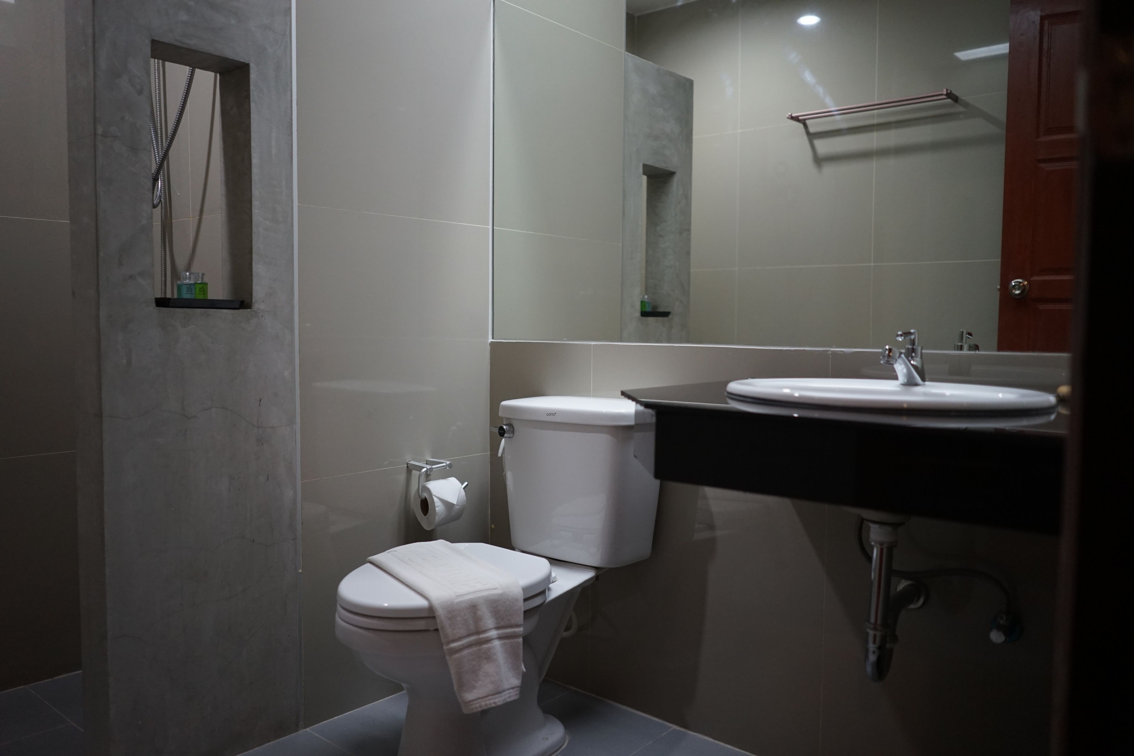 A bathroom with a toilet, sink, and shower.