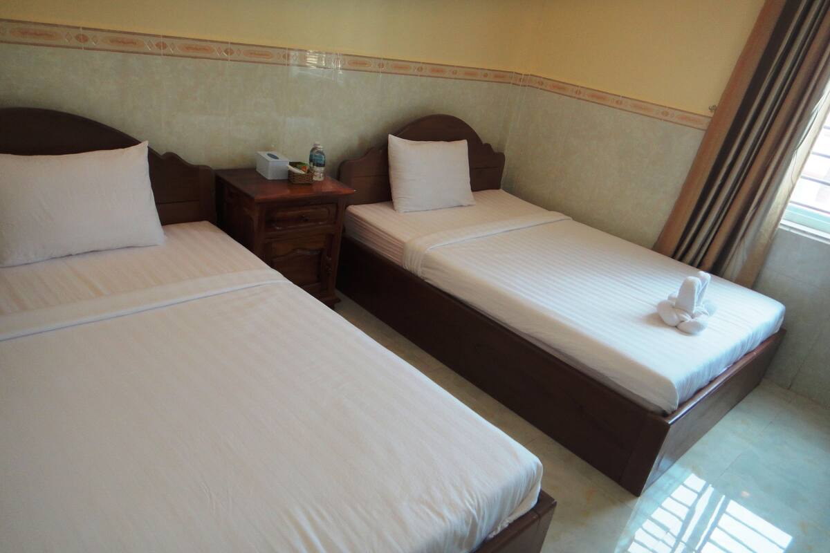 Two single beds with wooden headboards and white linens, a small bedside table with a bottle and tissues, and a window with curtains.