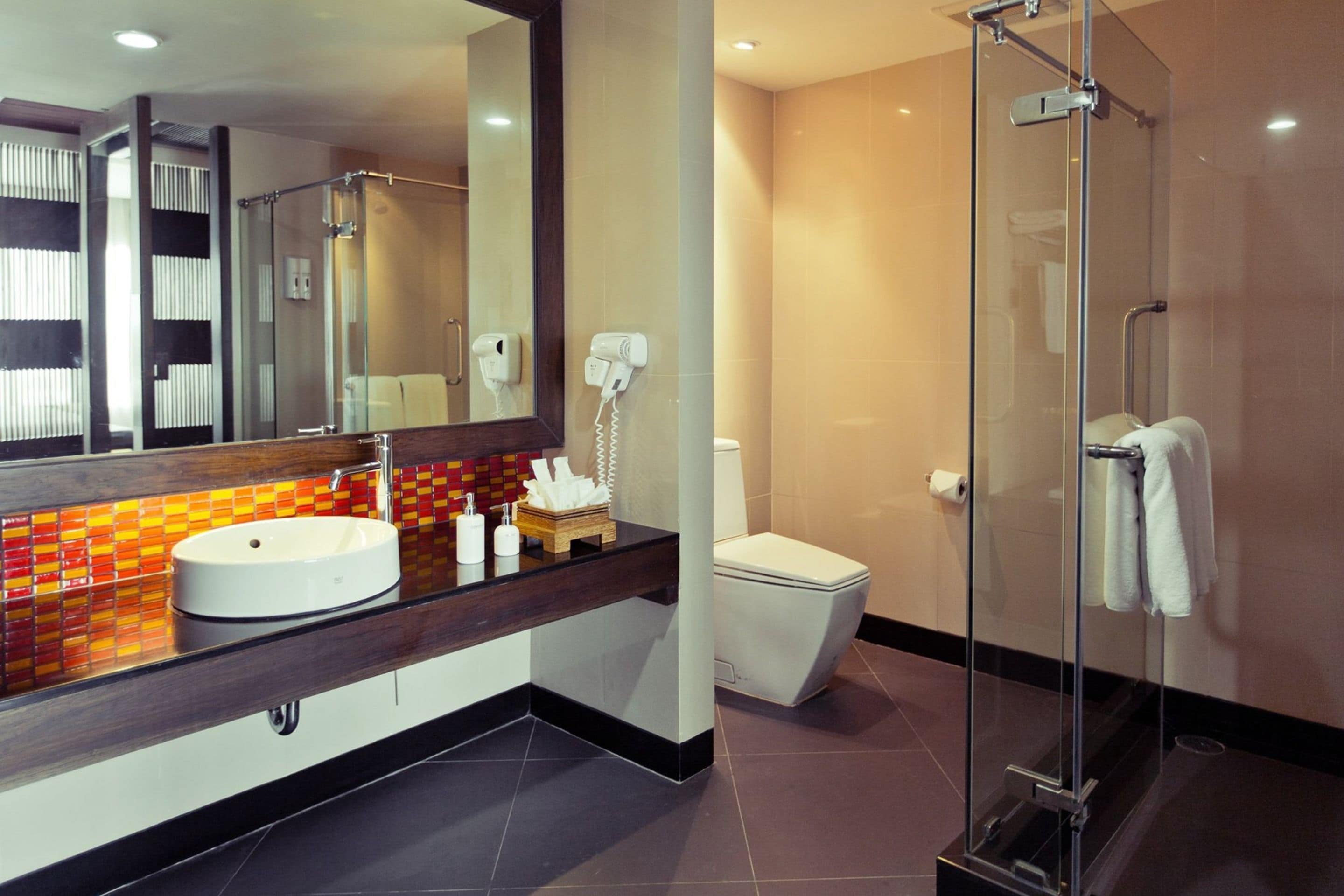 free toiletries, hair dryer, slippers, towels