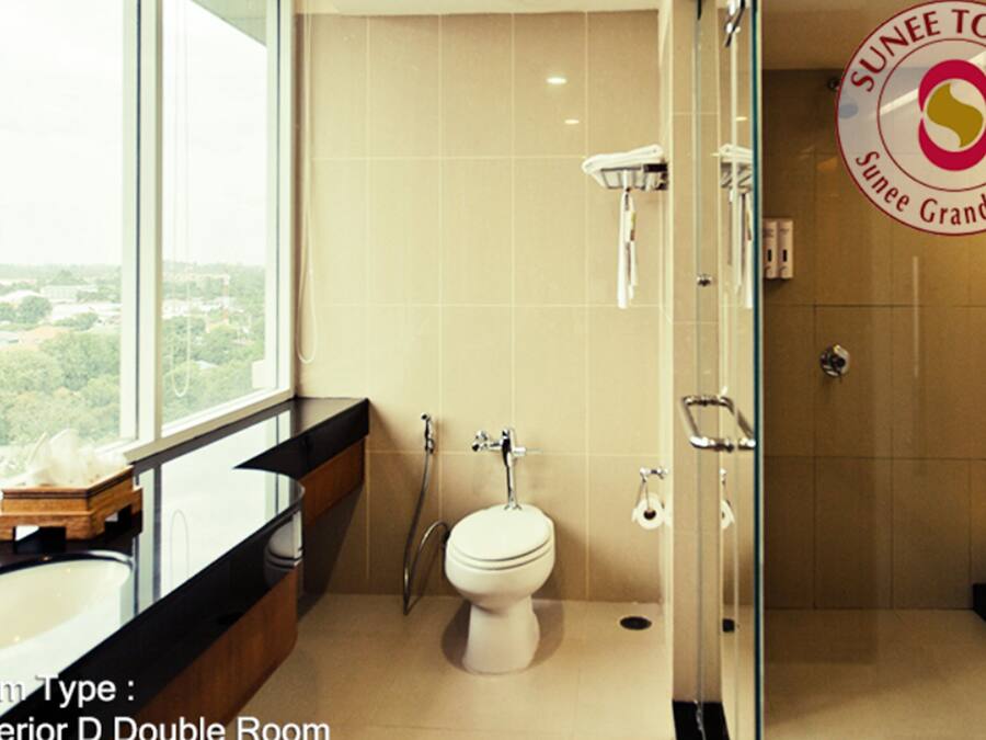 A Superior D Double Room with a large window, a shower, and a toilet.