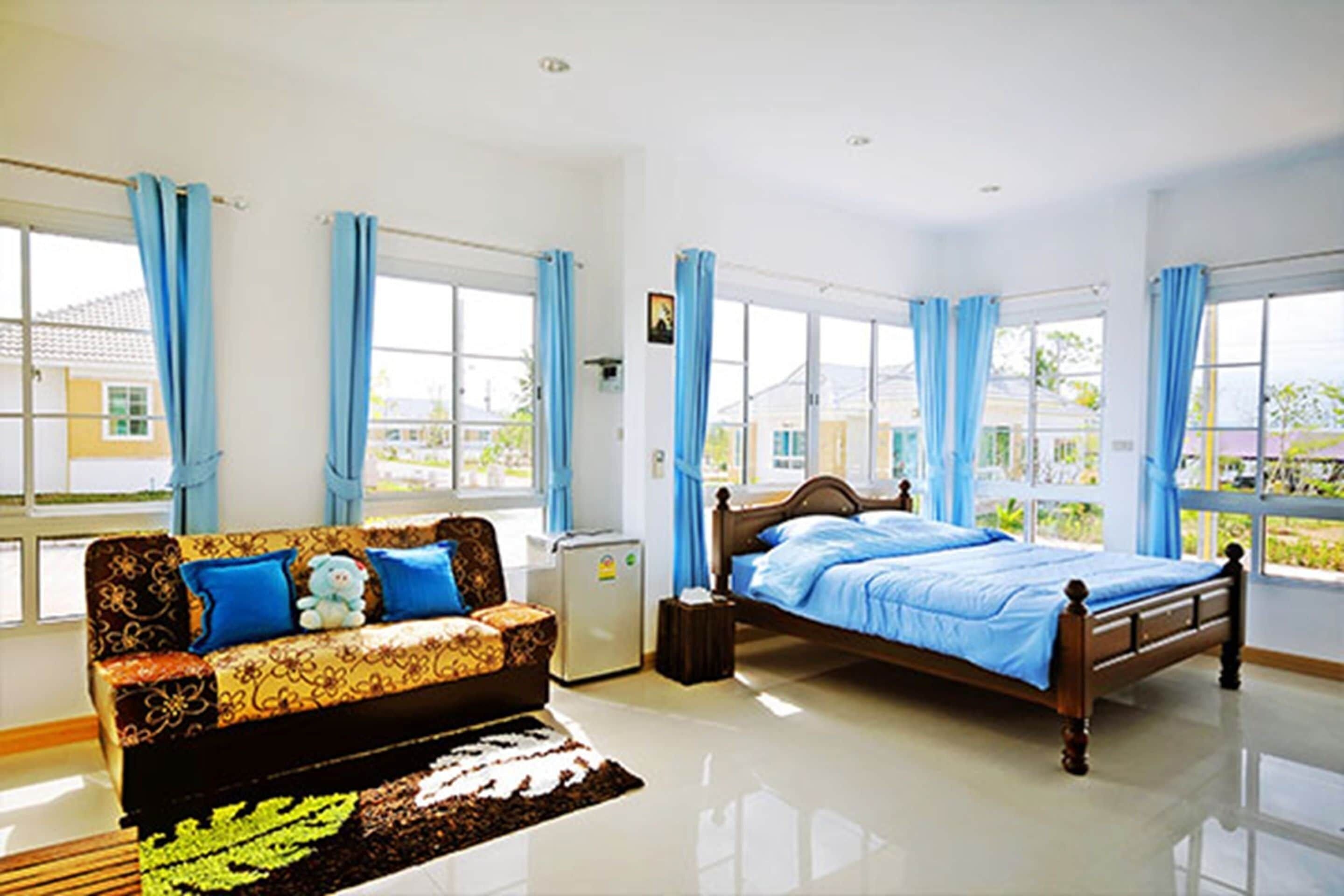 Desk, blackout drapes