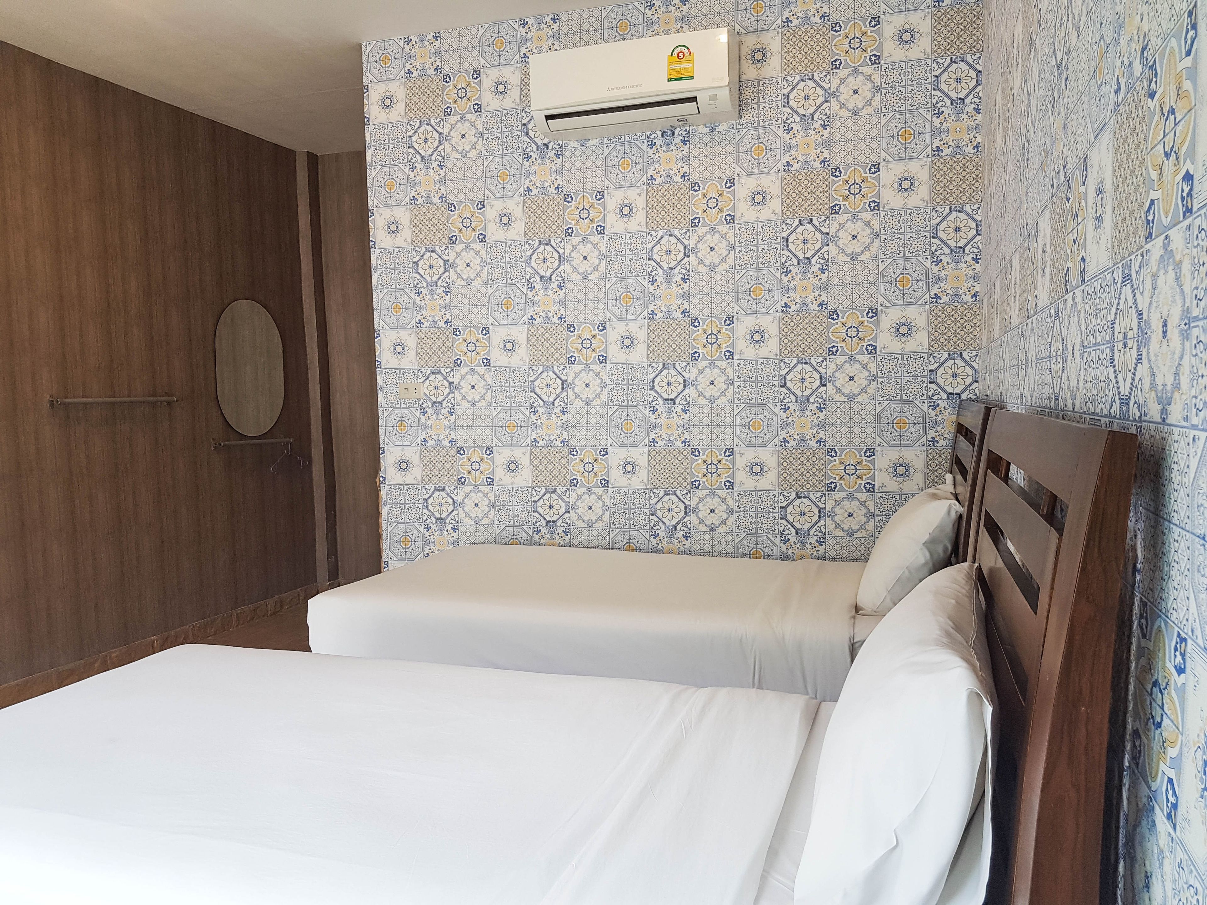 Desk, blackout drapes