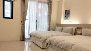 A hotel room with two beds, a large window with sheer curtains, a painting on the wall, and a tiled floor. - Tesla Charging Kimura Elevator B&B (Luodong)