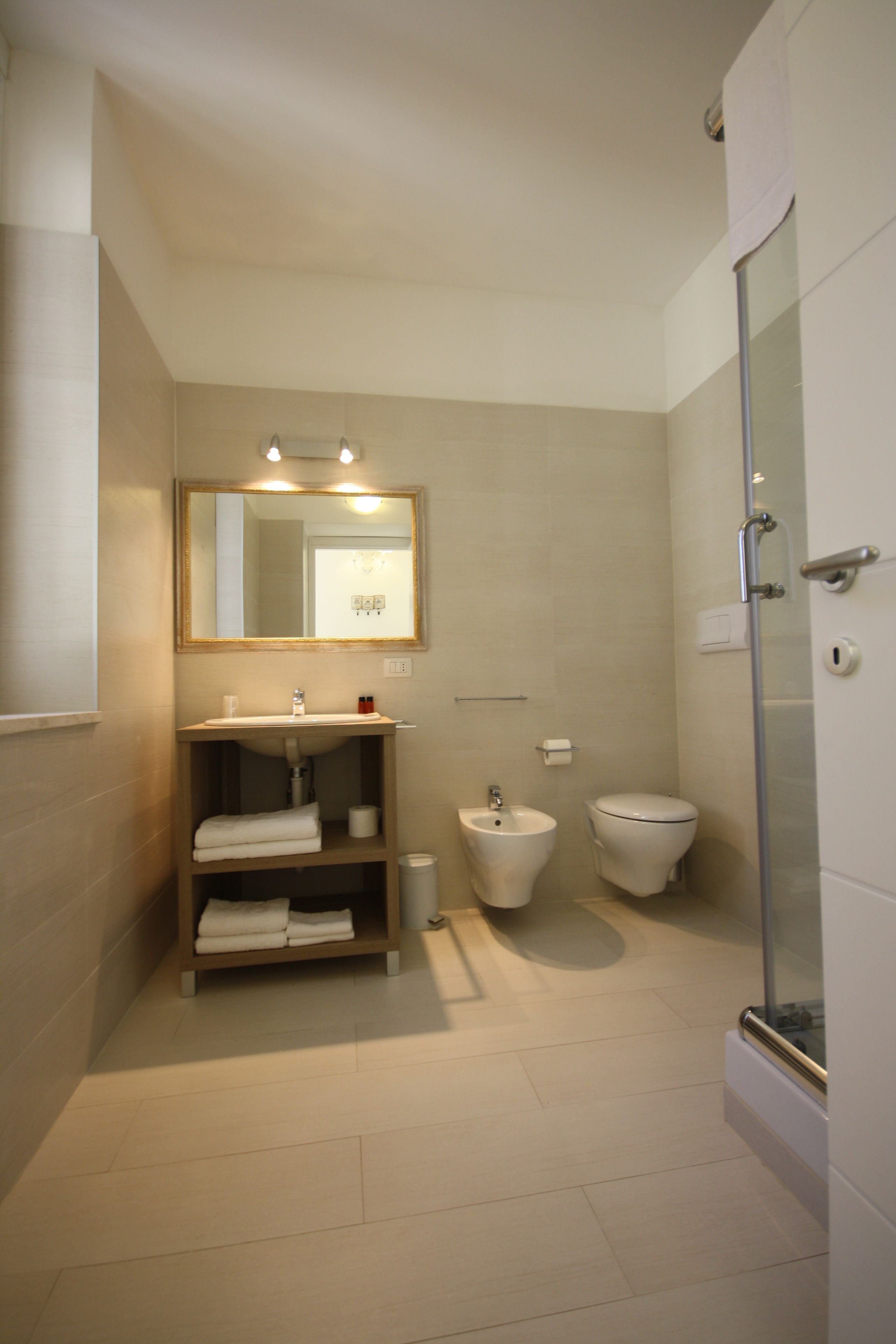 standard studio | bathroom | shower, hair dryer, bidet, towels