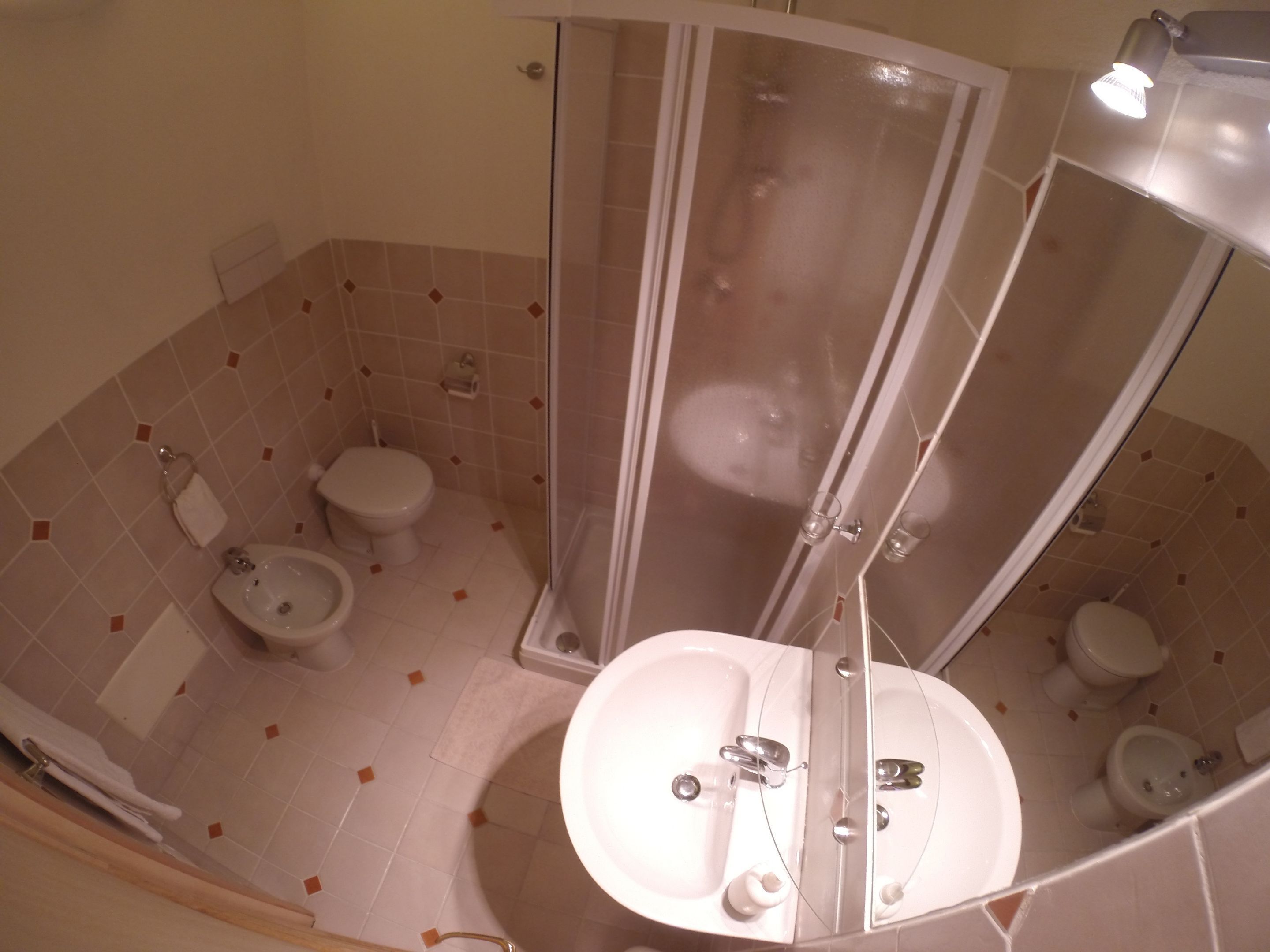 Un baño con ducha, dos inodoros, lavamanos y espejo.