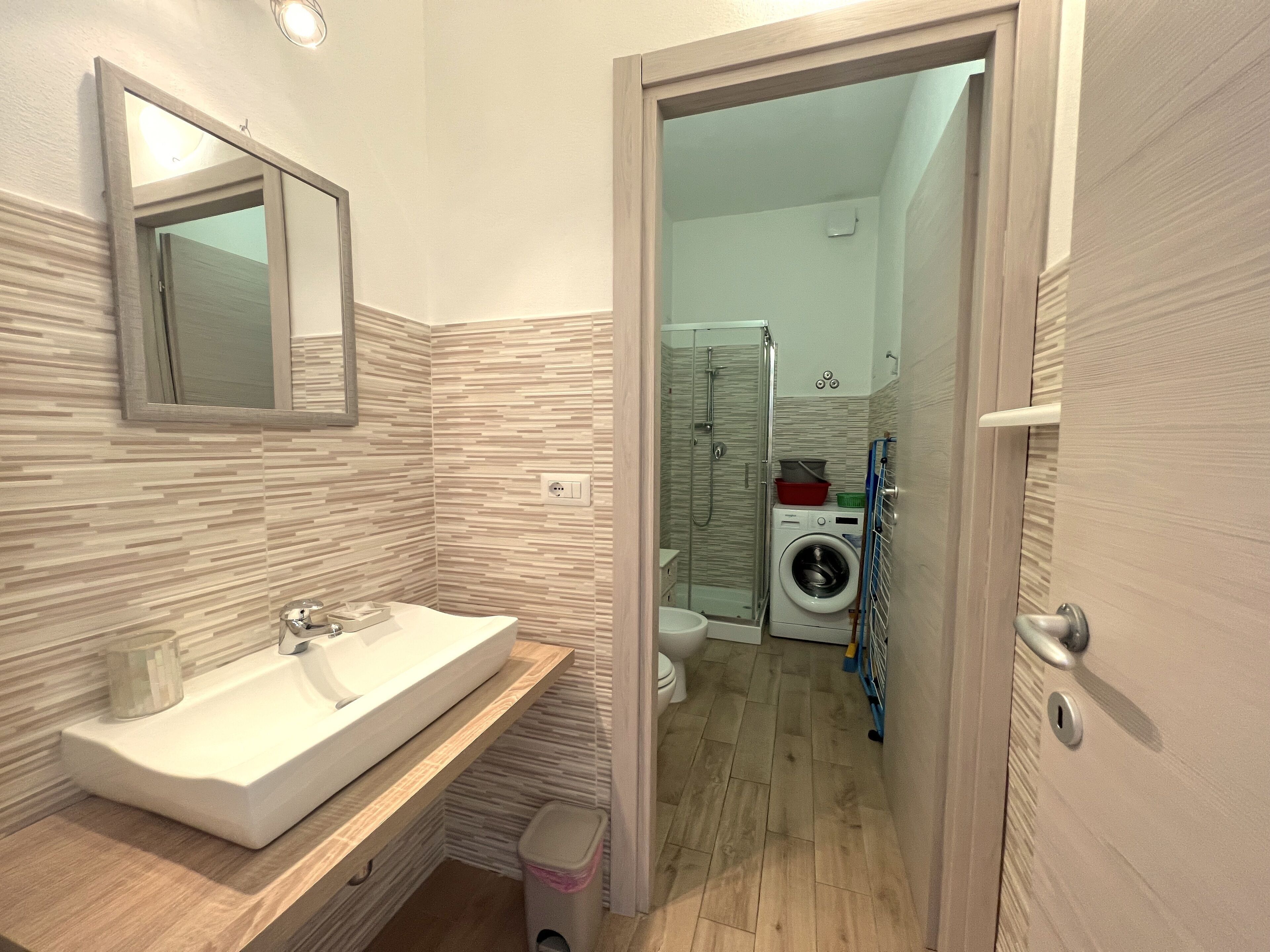 A modern bathroom with a sink, mirror, and shower area.