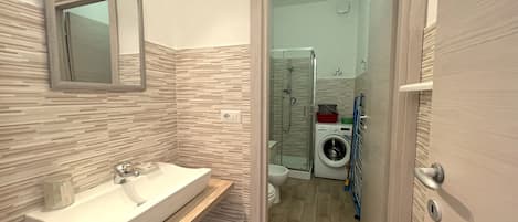A modern bathroom with a sink, mirror, and shower area.
