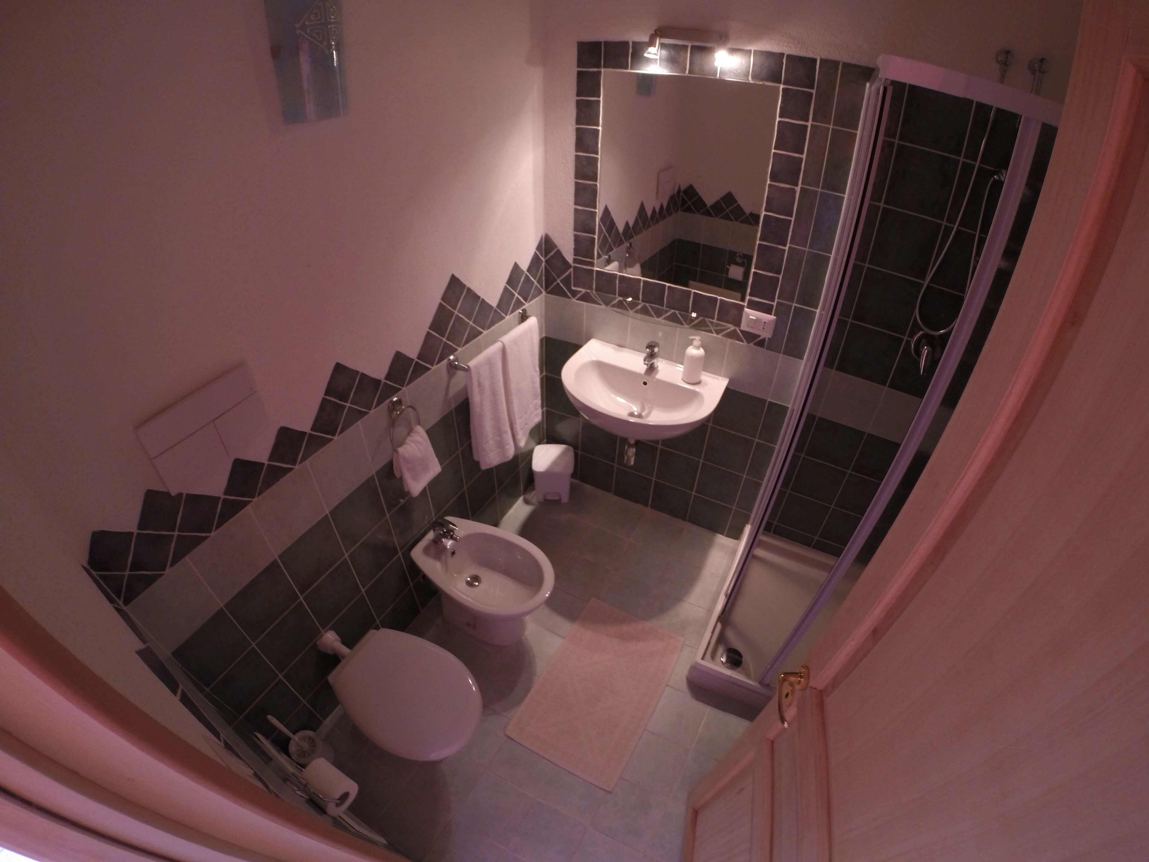 Un bagno piccolo ma funzionale, con servizi igienici, bidet, lavandino e zona doccia.