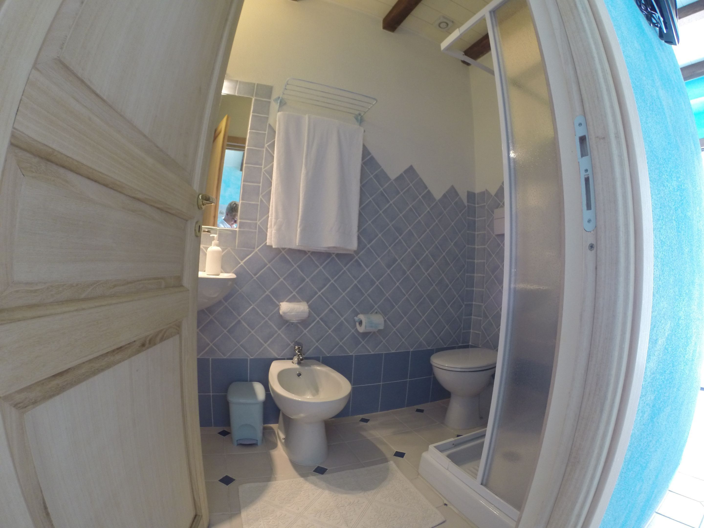 A compact bathroom with a bidet, toilet, and a shower enclosure.