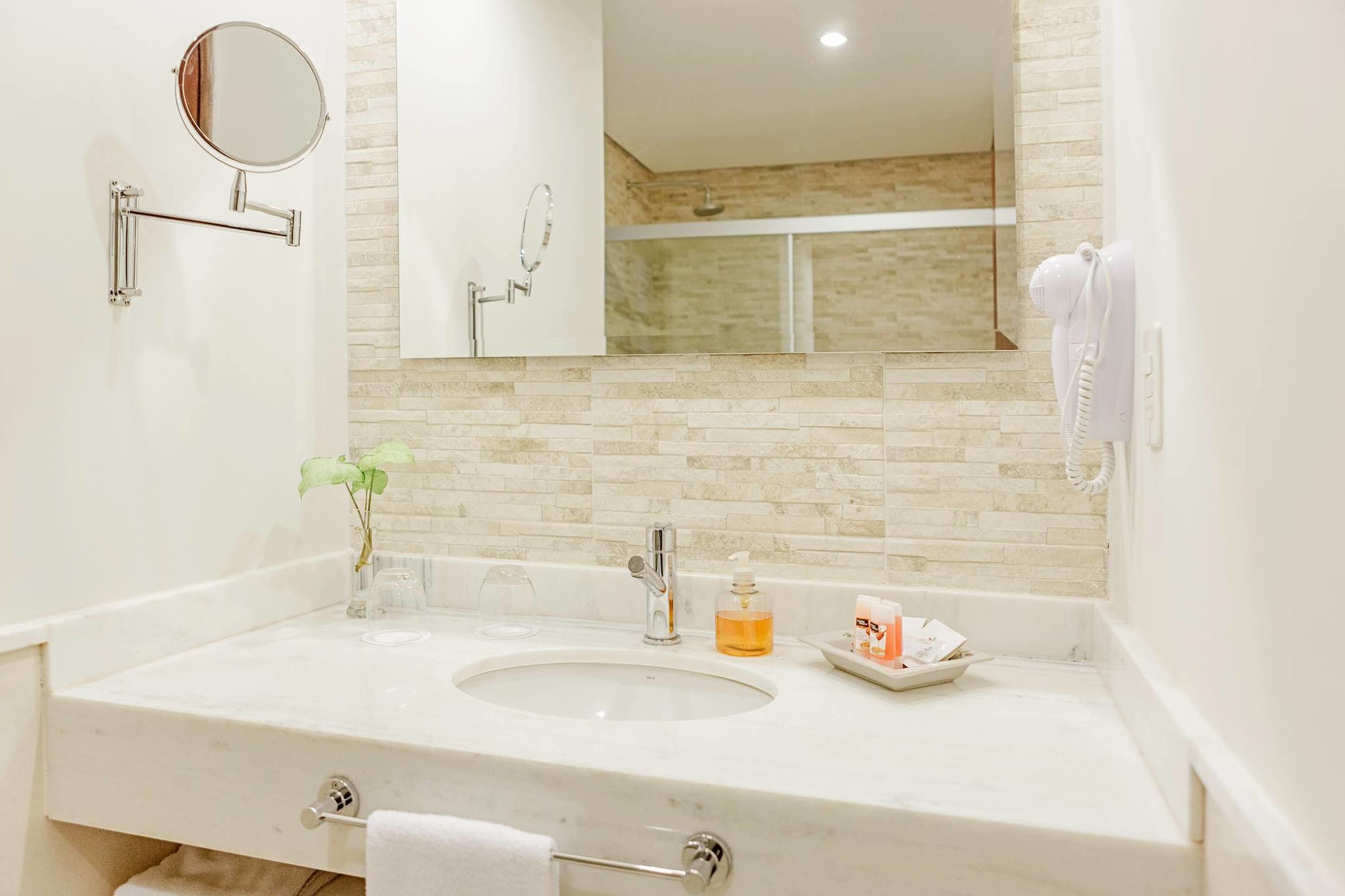 free toiletries, hair dryer, slippers, towels