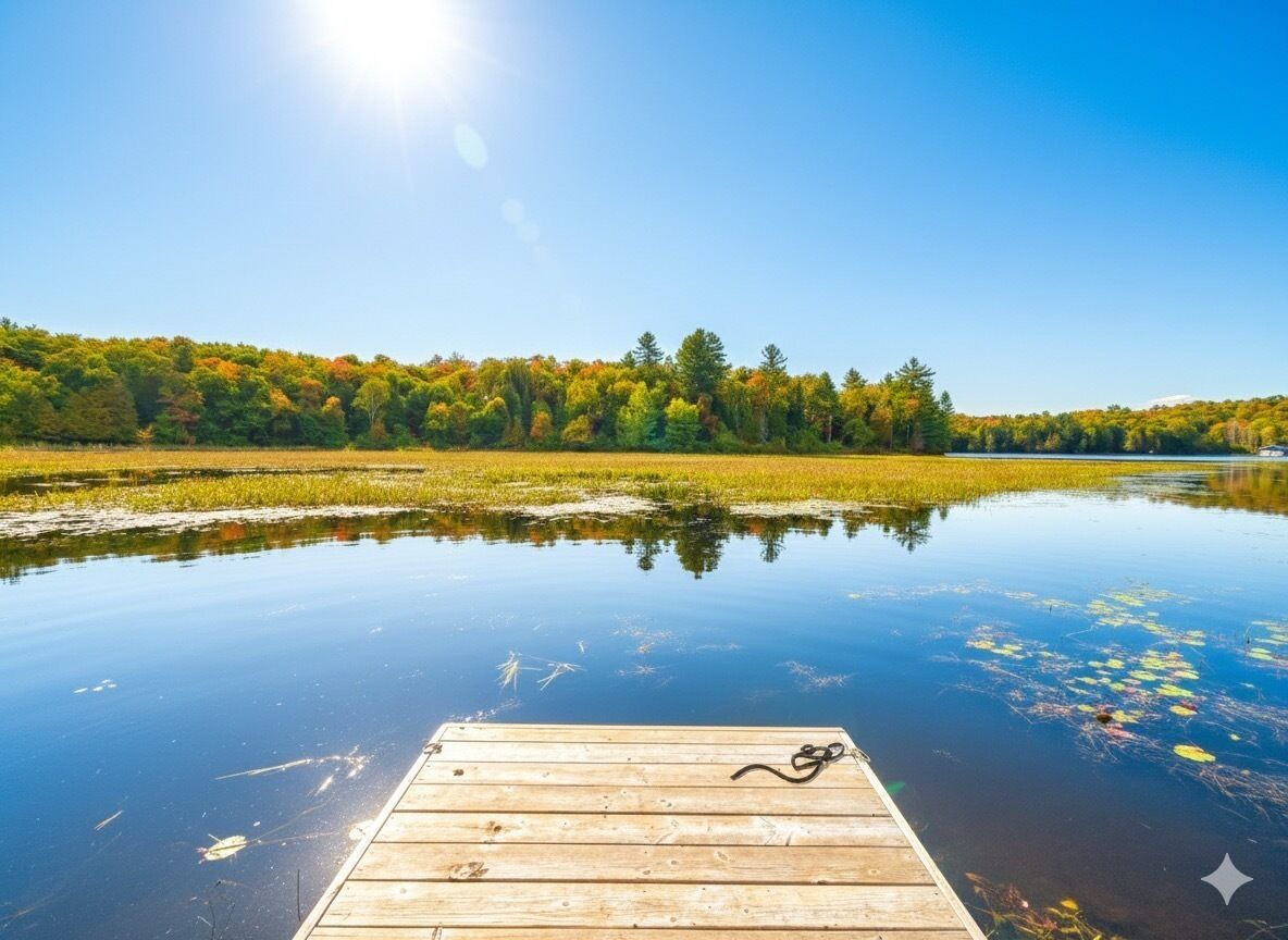 A wooden dock extending into a calm lake with a reflection of trees and a clear sky.