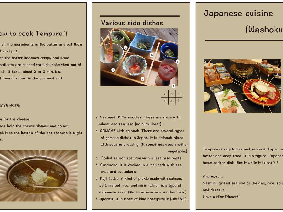 A guide on how to cook Tempura, a Japanese dish, with a list of ingredients and cooking instructions.