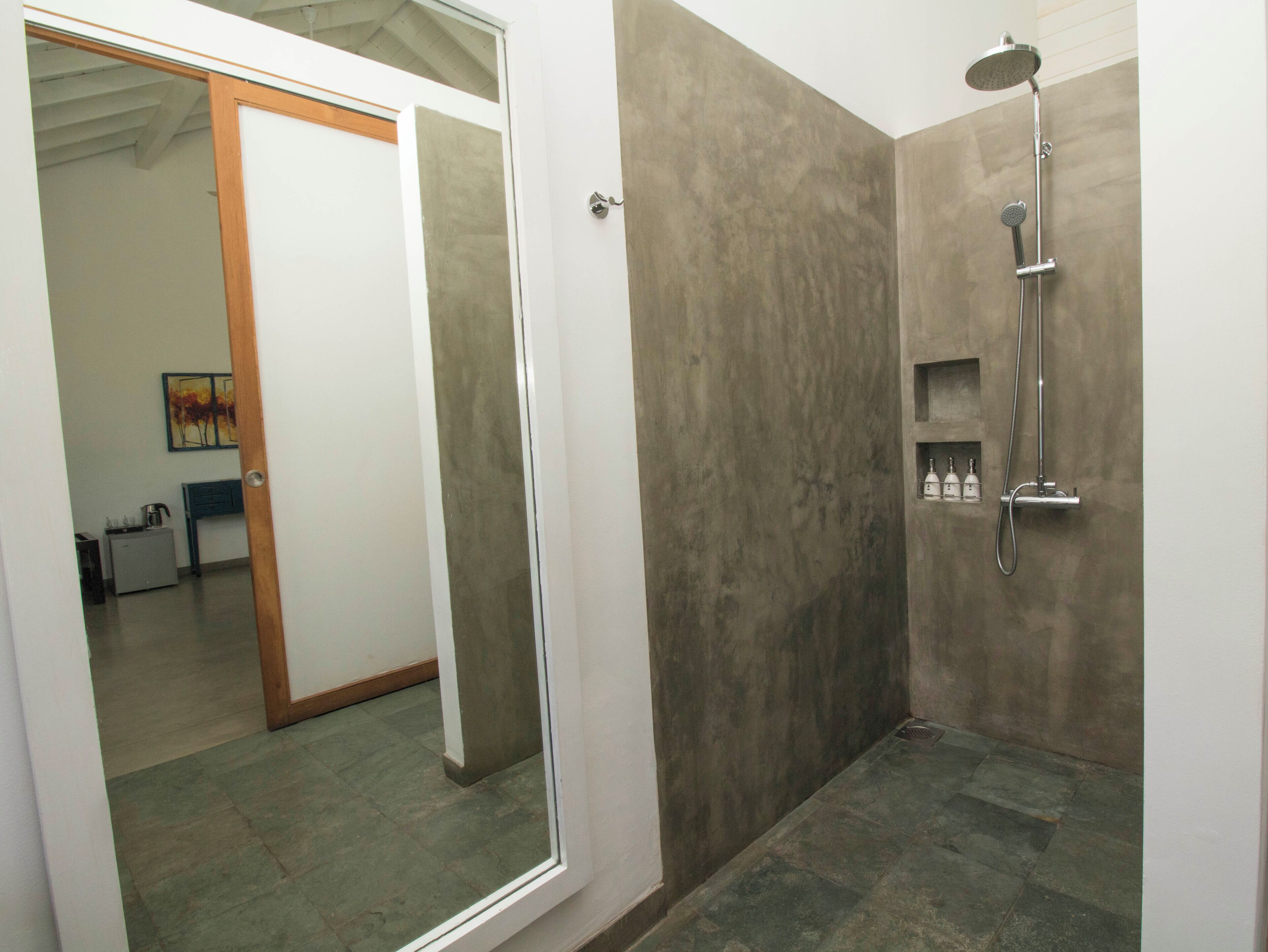 A bathroom with a shower, a mirror, and a door leading to another room.
