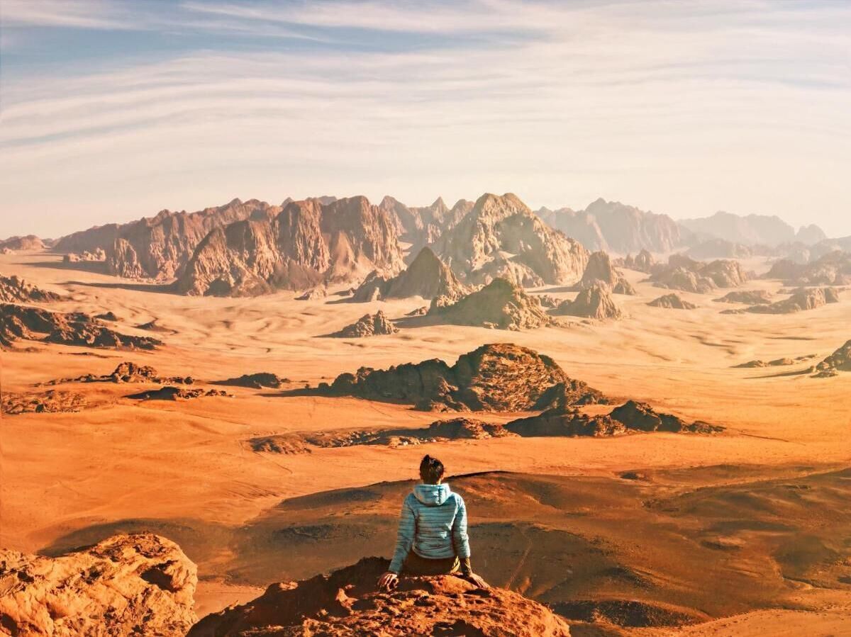 A person sitting on a rocky outcrop overlooking a desert landscape with mountains in the distance.