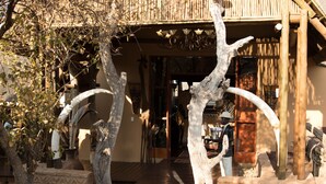 A wooden structure with a thatched roof, a wooden deck, and a pathway leading to a building entrance. - Phumelelo Lodge (Bela-Bela)
