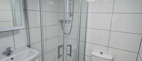 A modern bathroom with a glass-enclosed shower, a white sink, and a toilet.
