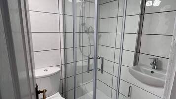 A modern bathroom with a glass-enclosed shower, a white toilet, and a sink.