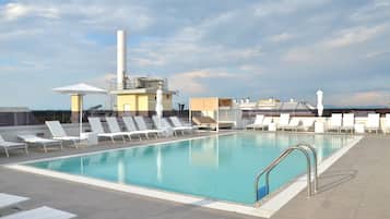 Seasonal outdoor pool, a rooftop pool, pool loungers