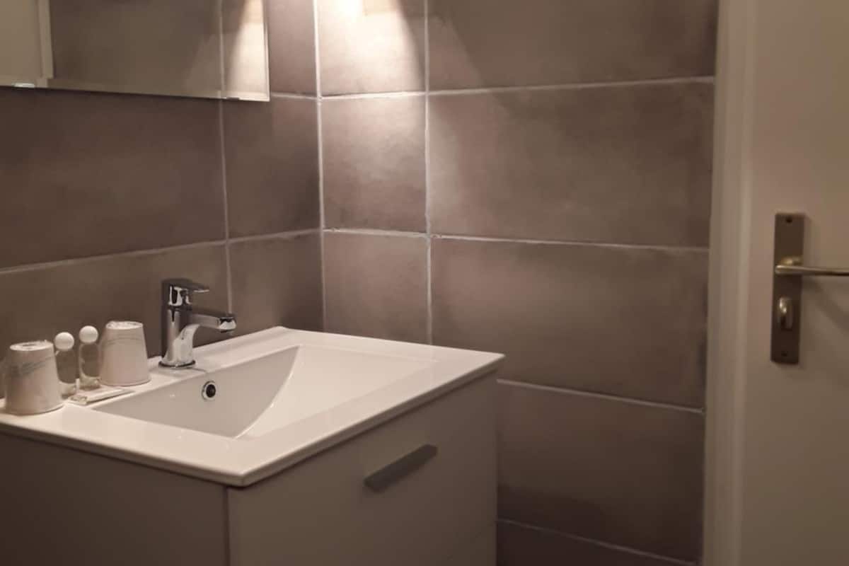 shower, rainfall showerhead, free toiletries, hair dryer