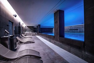 Indoor pool, open 9:00 AM to 9:00 PM, sun loungers, lifeguards on site