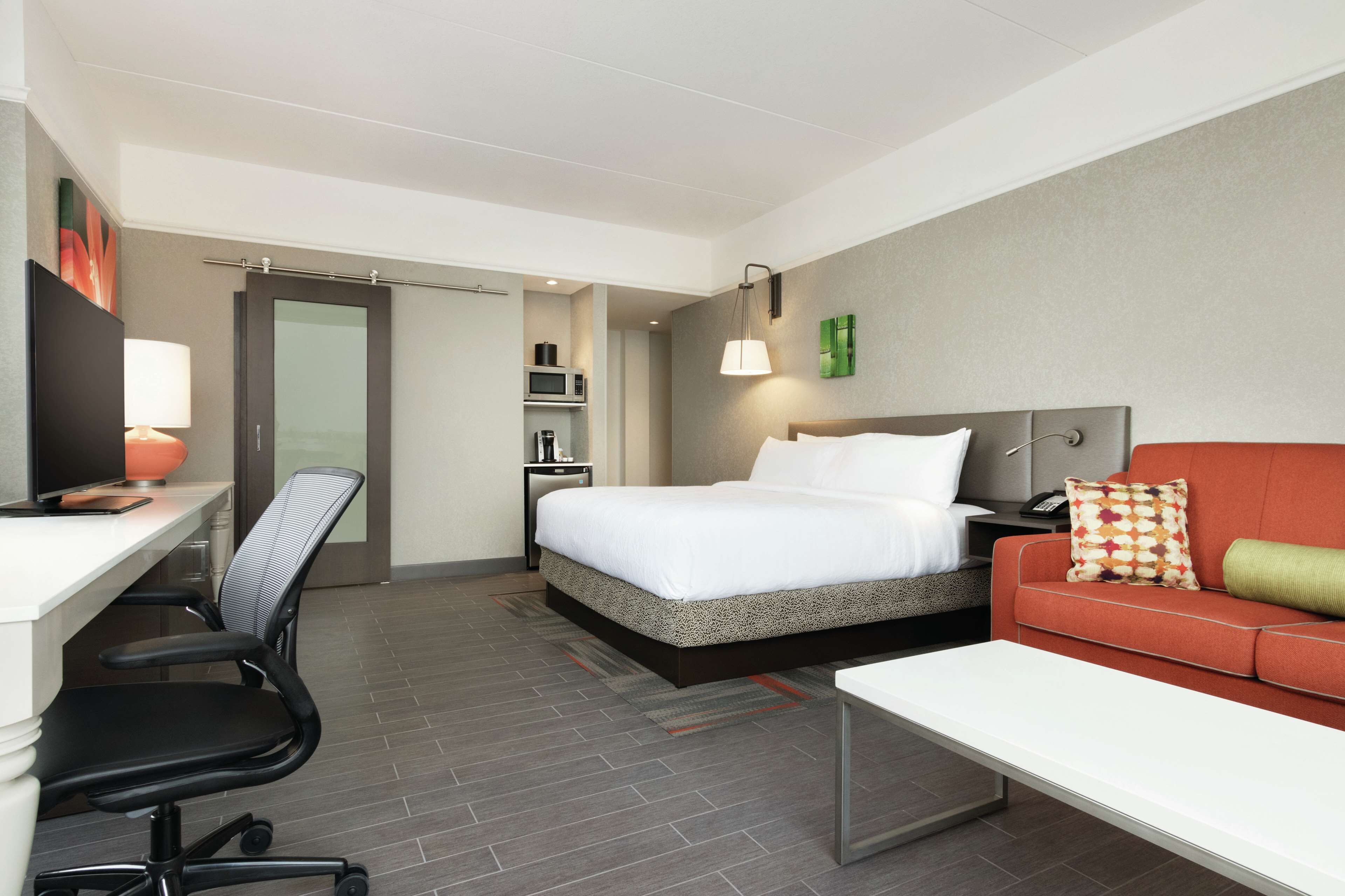 desk, laptop workspace, blackout curtains, iron/ironing board