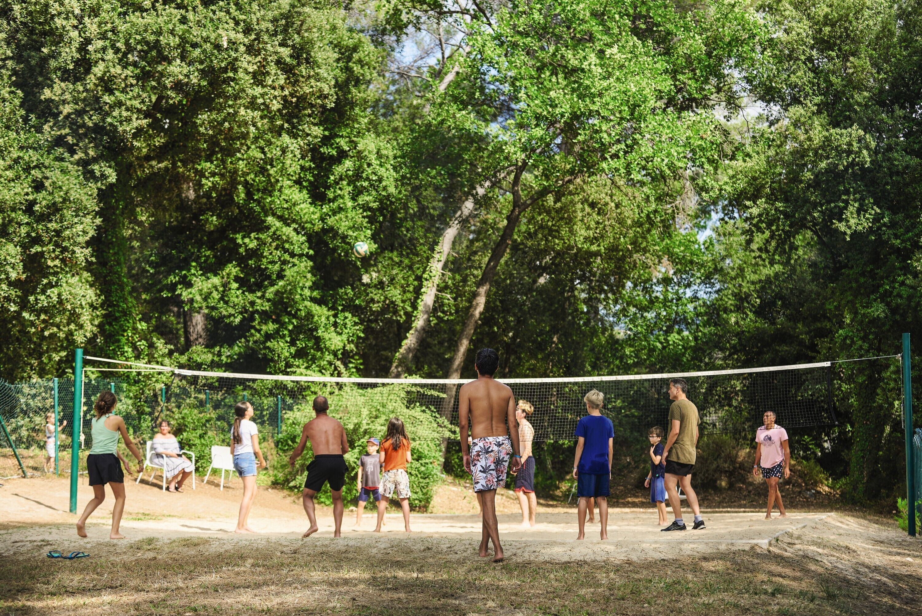 Een groep mensen speelt volleybal in een open omgeving, met bomen op de achtergrond.