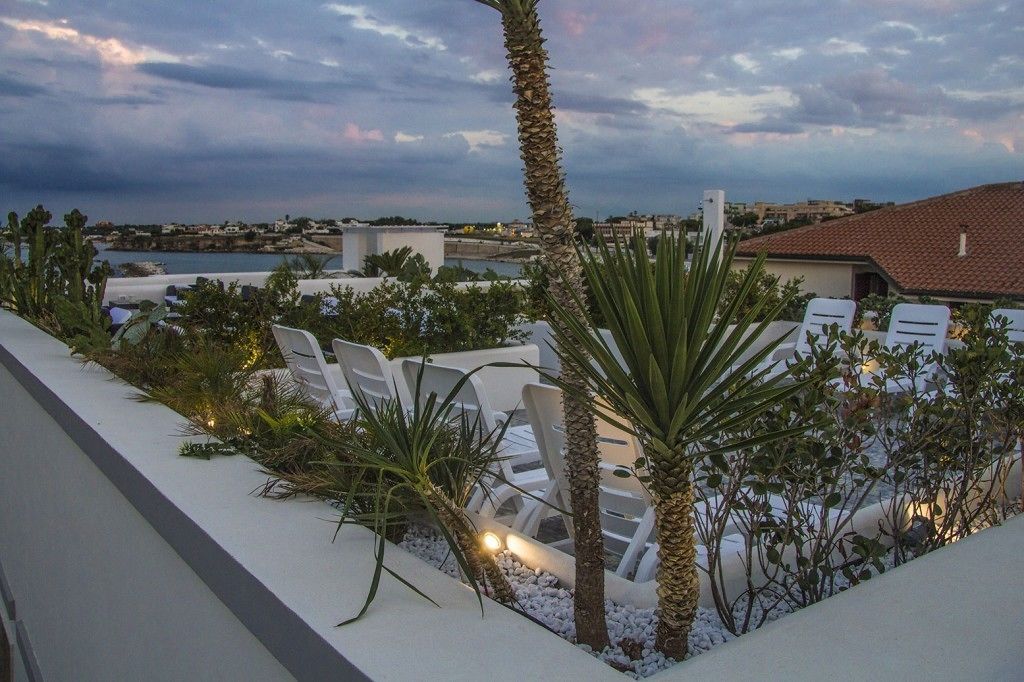 A rooftop terrace with white lounge chairs, palm trees, and a view of the sea and distant buildings.