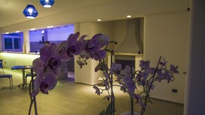 A modern interior with orchid plants in vases, a kitchen area, and a seating area with chairs.