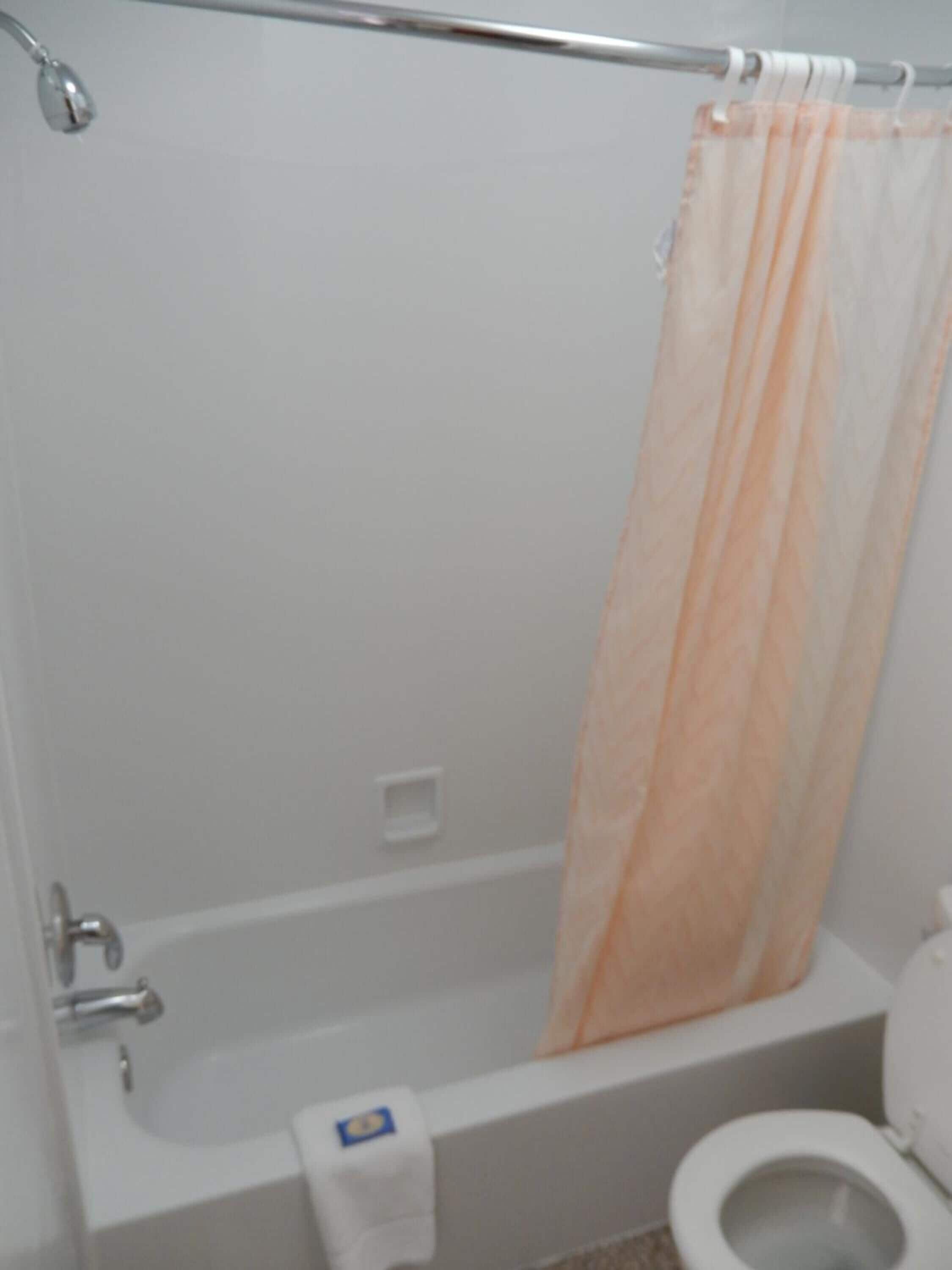A bathroom with a bathtub, toilet, and a shower curtain.