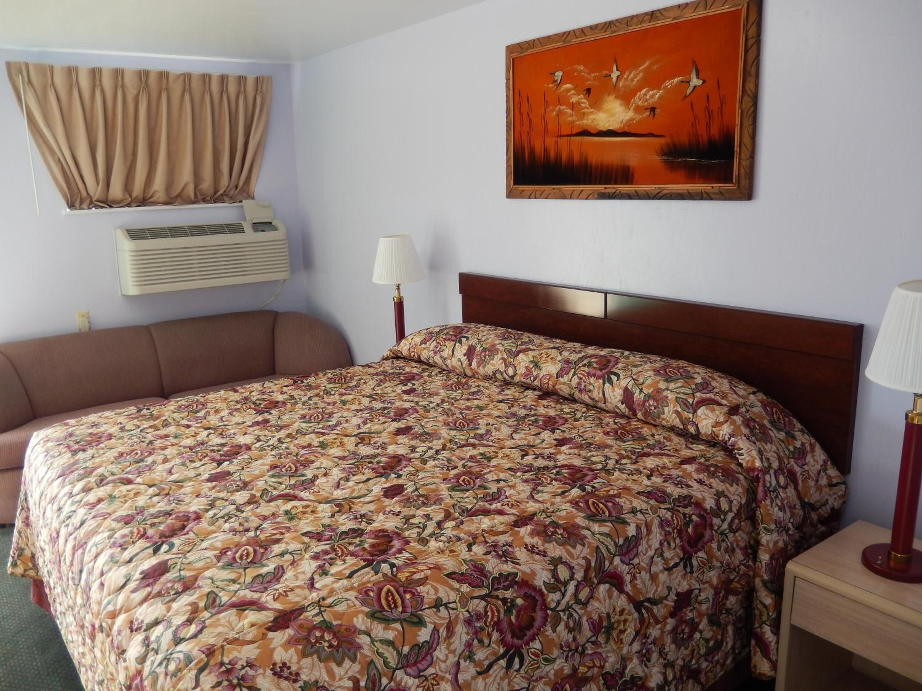 Habitación de hotel con una cama grande, un sofá, un cuadro en la pared y un equipo de aire acondicionado.