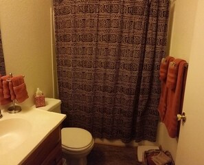 A bathroom with a patterned shower curtain, a toilet, a sink with a tissue box, and towels on a rack.