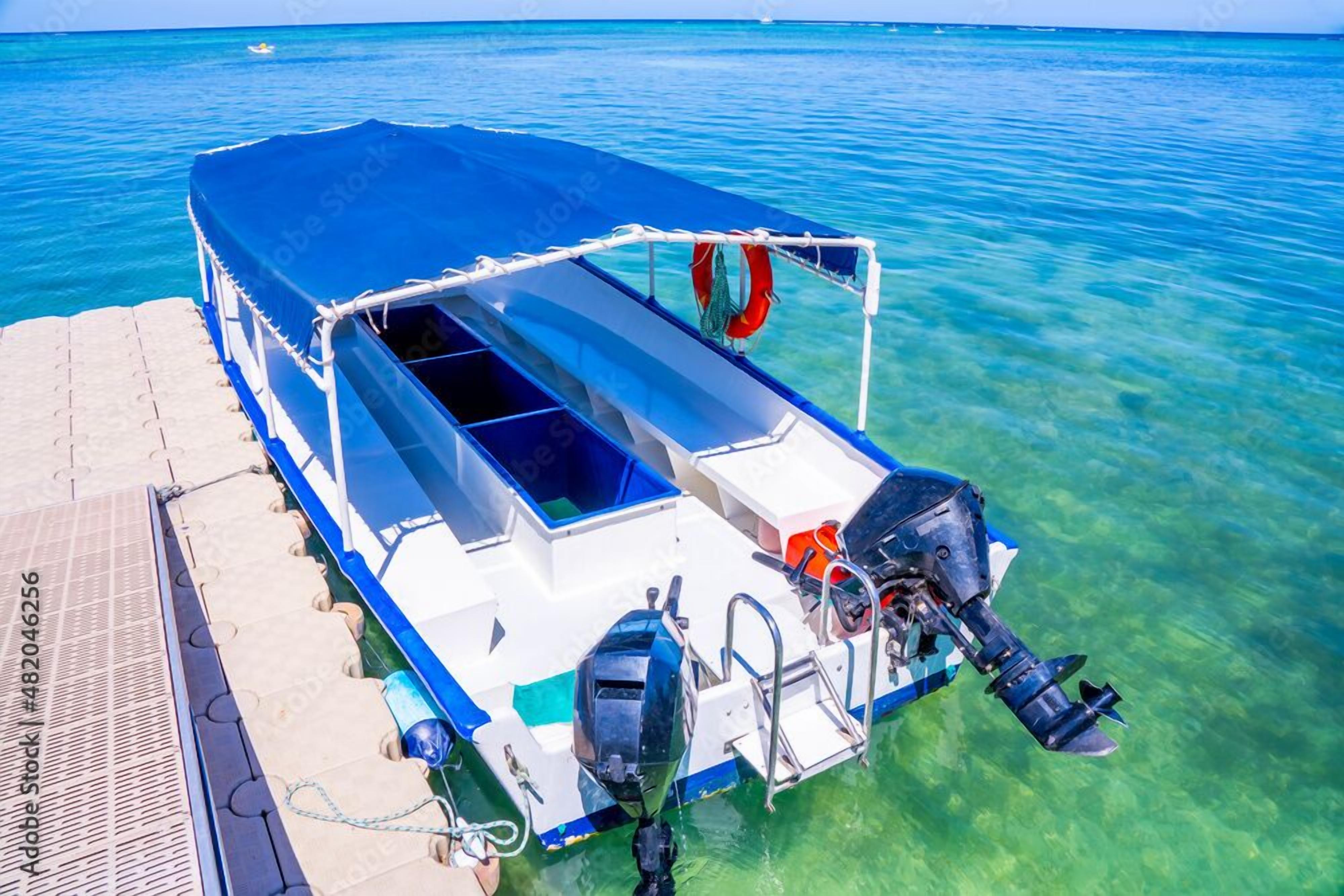 A boat docked at a pier with clear blue water, a blue canopy, and a life preserver.