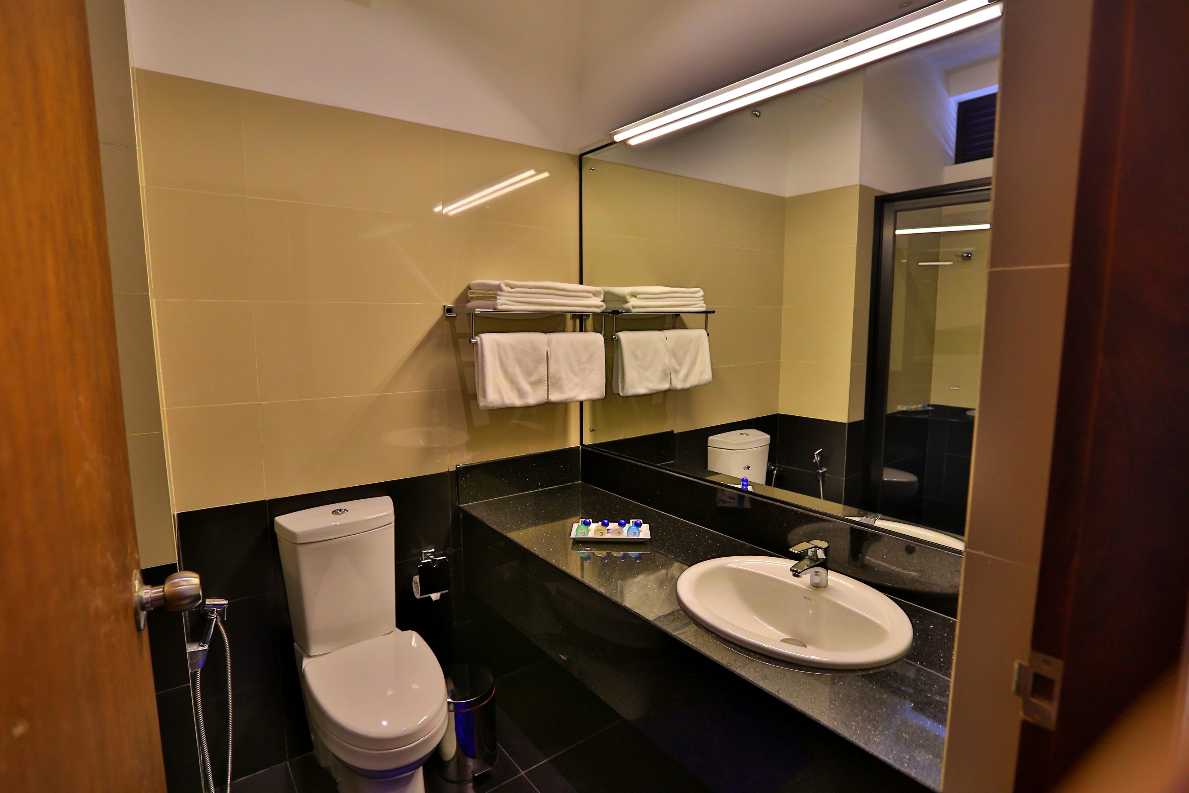 Une salle de bain moderne équipée de toilettes, d’un lavabo et d’un porte-serviettes.