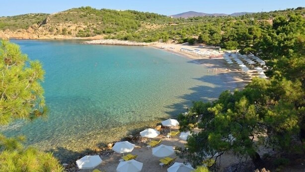 Una playa con agua turquesa cristalina, una orilla arenosa y una fila de sombrillas y sillas.