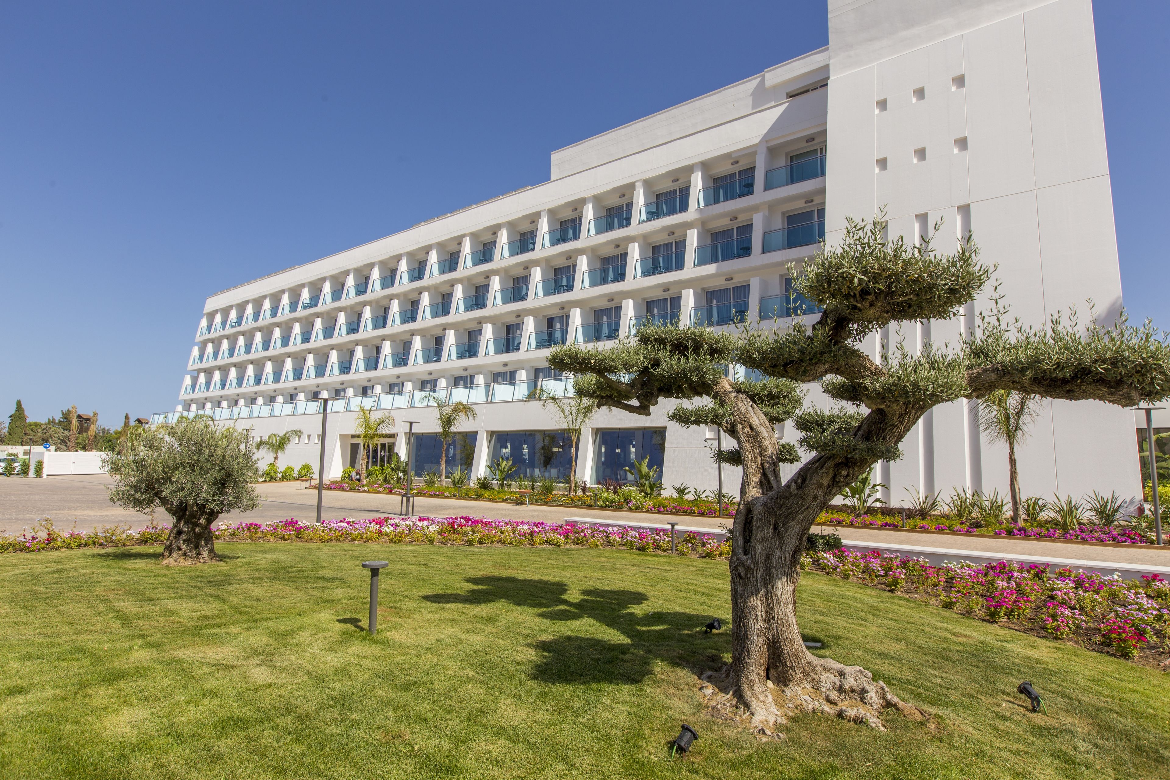A modern hotel with a symmetrical facade, multiple balconies, and a well-maintained garden with a prominent tree.