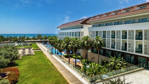 Ein Hotel mit Pool, Palmen und Meerblick.