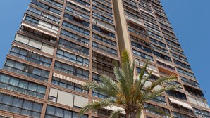 A high-rise building with multiple balconies and a palm tree in the foreground. - Apartamentos Gemelos 2 - Beninter (Benidorm)