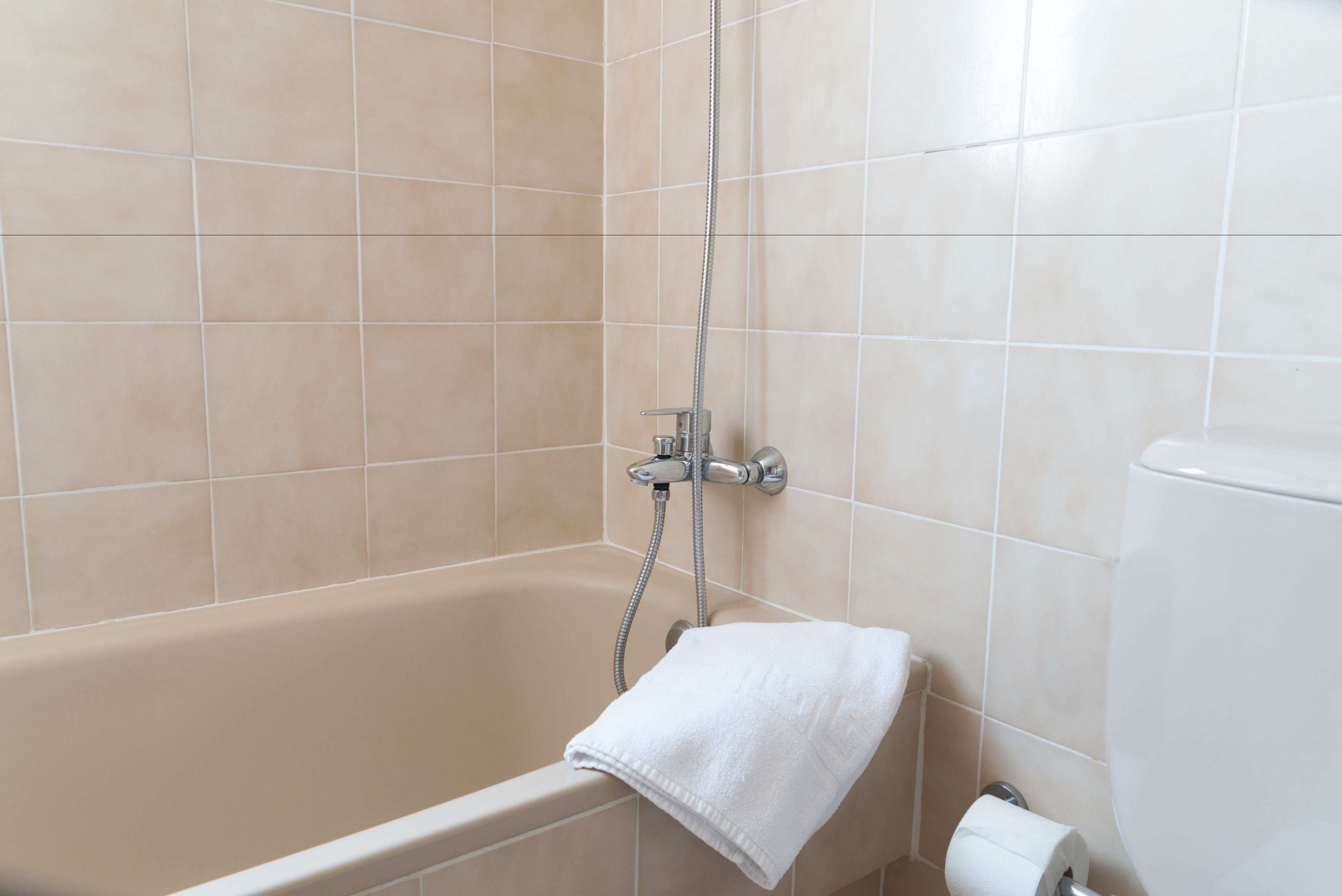 A bathroom with a bathtub, a showerhead, and a toilet.
