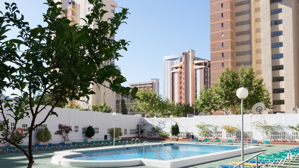 Una piscina con sillas de descanso y un pequeño árbol al frente.