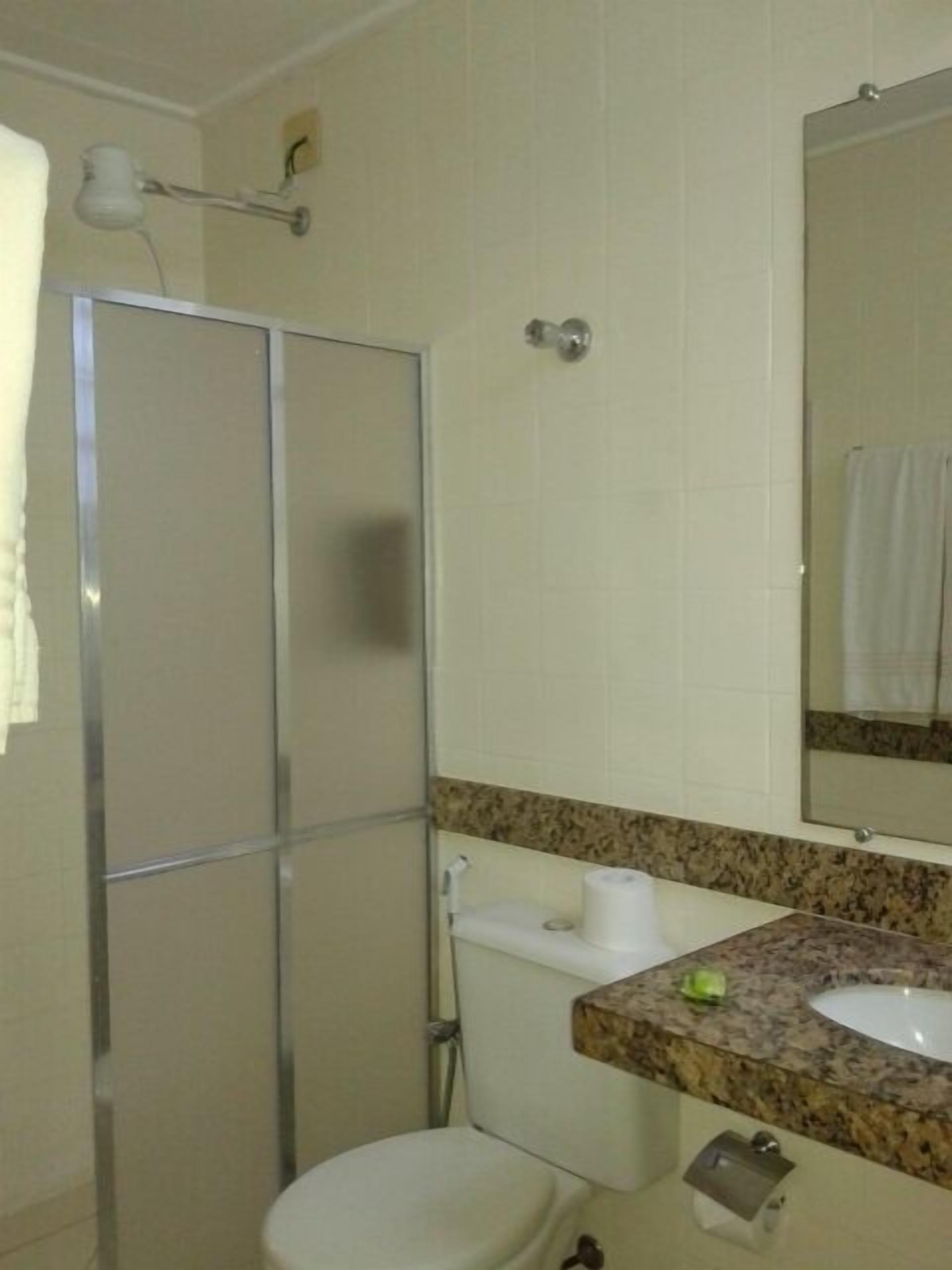 Une salle de bain équipée d’une douche, de toilettes, d’un lavabo et d’un miroir.