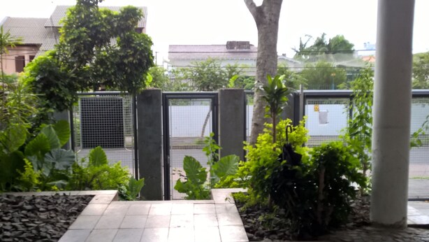 A garden pathway leading to a gated area with a metal fence, surrounded by lush greenery and a tiled floor.