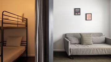 Une pièce avec un lit superposé et un canapé gris agrémenté de coussins à motifs. Deux tableaux encadrés sont accrochés au mur.