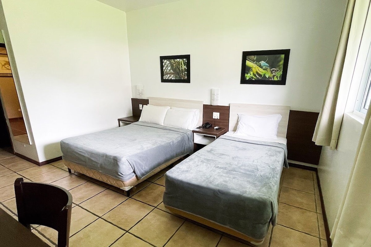 A hotel room with two beds, a chair, a nightstand, a lamp, and two framed pictures on the wall.