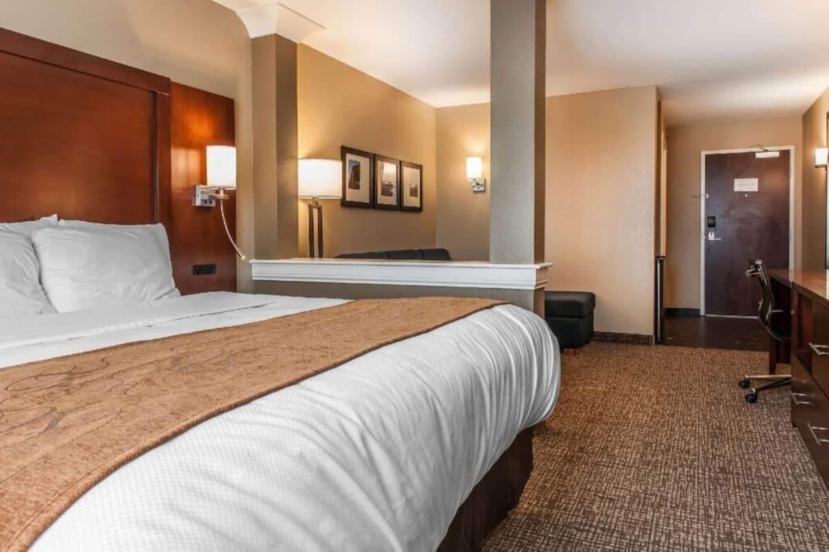 A hotel room with a large bed, a desk, a chair, a mirror, and a door.