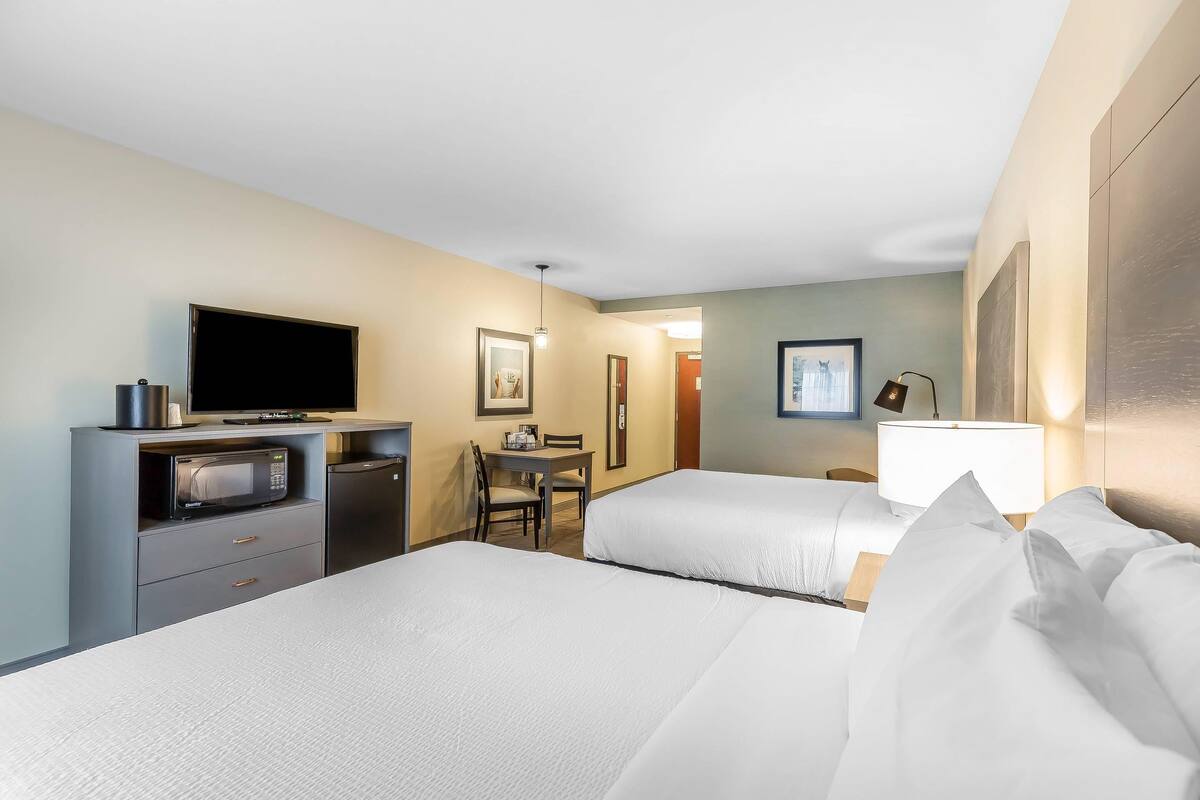 Une chambre d’hôtel avec deux lits, un bureau, une télévision et un four à micro-ondes.