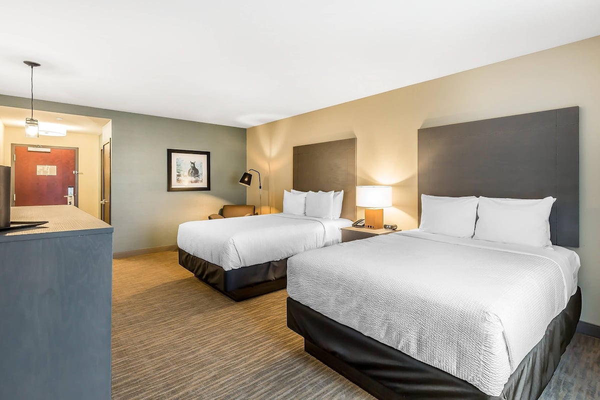 Une chambre d’hôtel avec deux lits, un bureau, une chaise et un tableau encadré au mur.