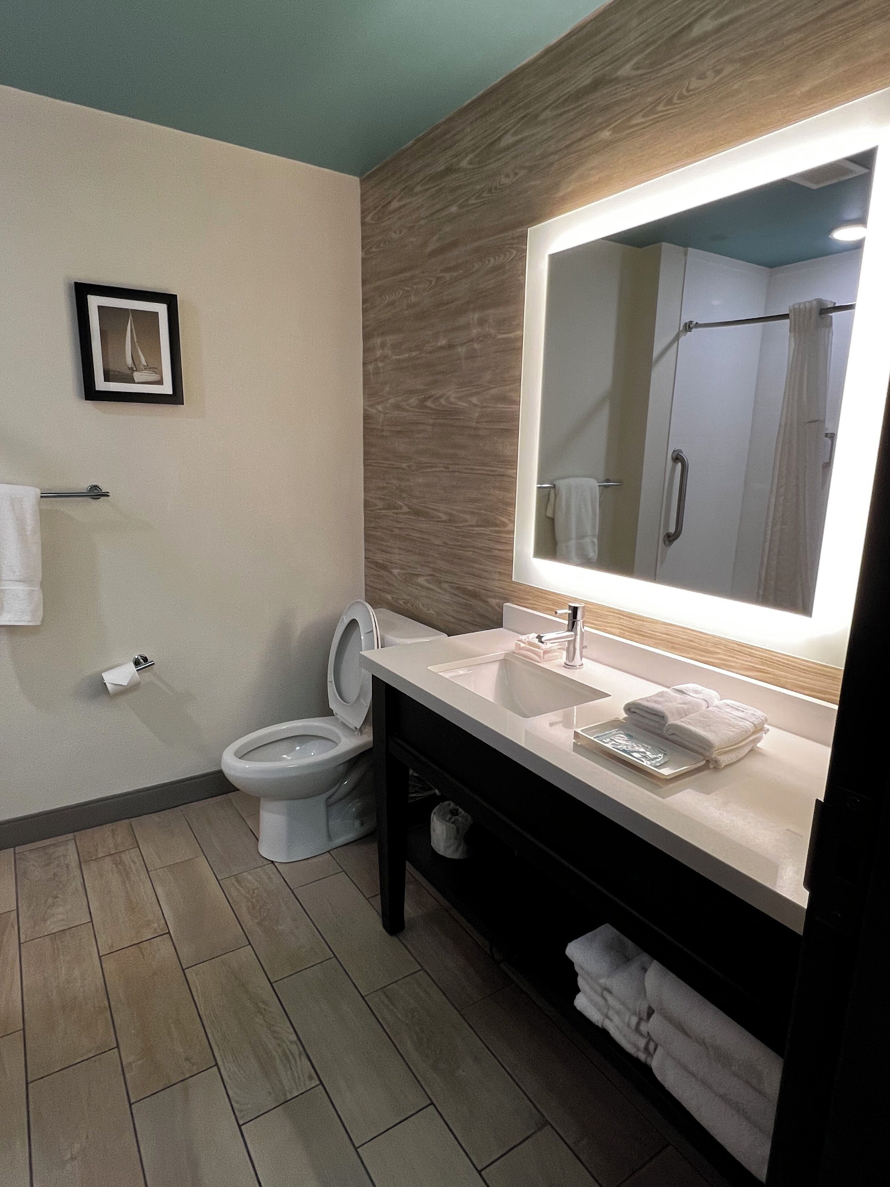 A modern bathroom with a toilet, sink, and mirror.