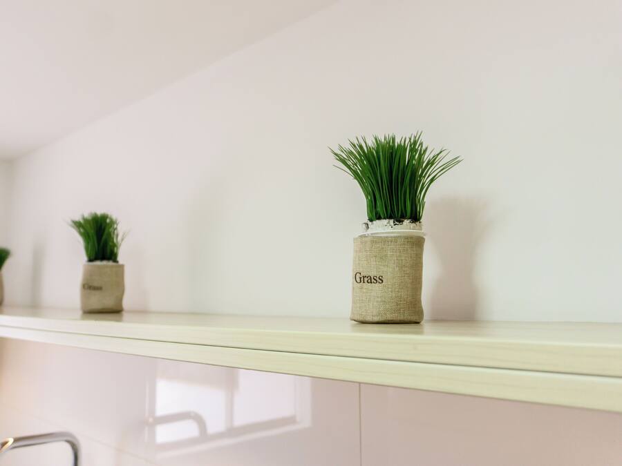 Estante de cocina con tres pequeñas macetas con plantas etiquetadas como "Grass".